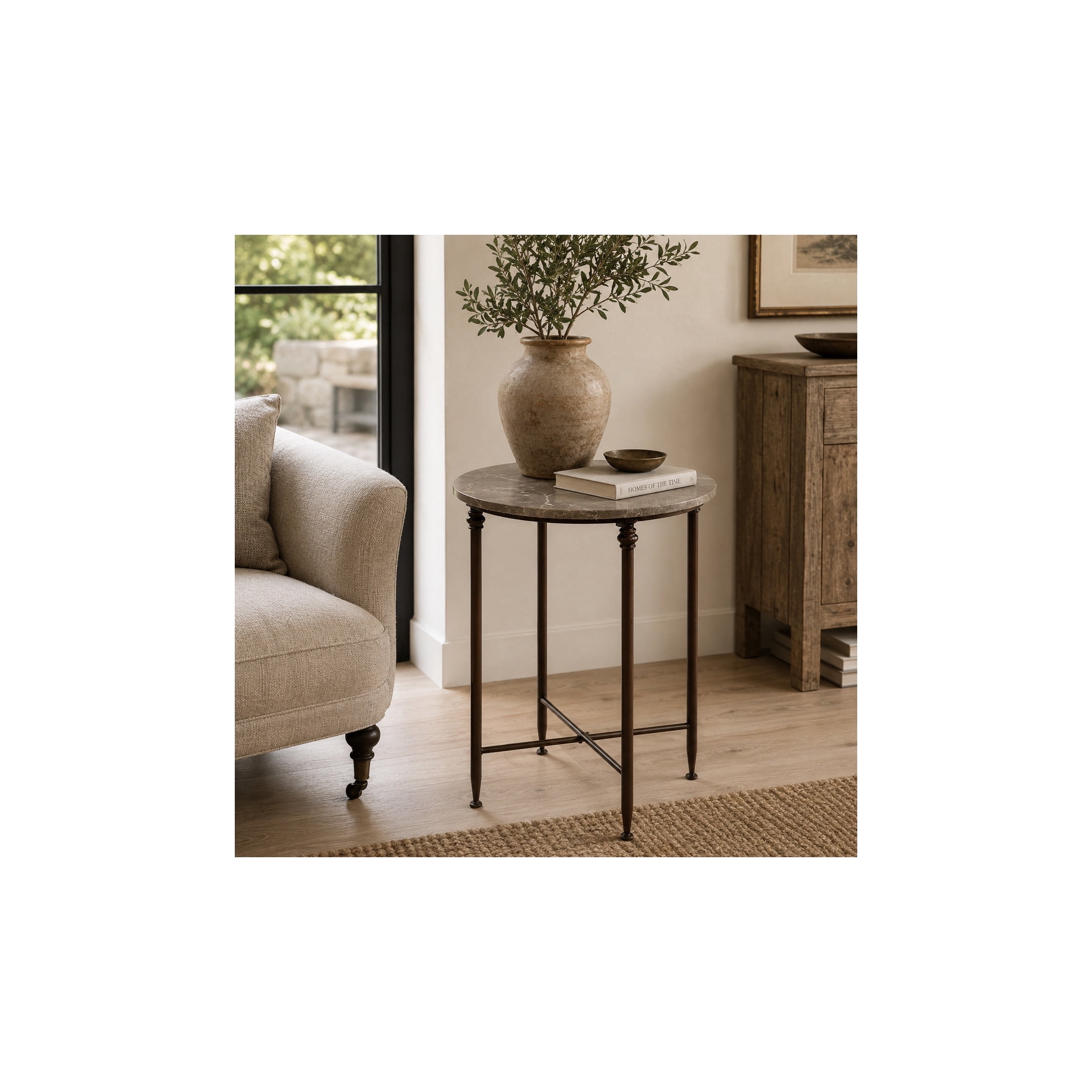 DecMode 18" x 26" Brown Marble Accent Table with Bronze Metal Legs, 1-Piece