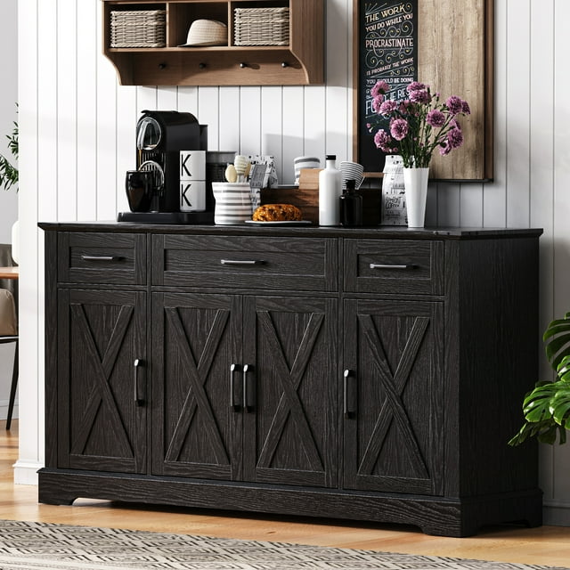 Euroco 55 Inch Farmhouse Buffet Cabinet, 4-Door Sideboard with Fluted Details & Adjustable Shelves, Storage Cabinet for Dining Room, Kitchen, Living Room, Entryway, Black