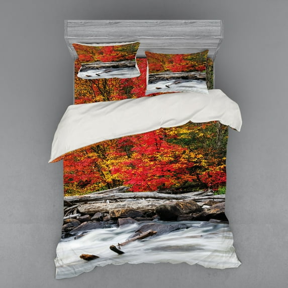 Ambesonne Autumn Bedding Set 4 Pcs, Fall Forest Driftwood, Queen, Red