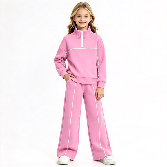 Amidoa Girls Sweatsuit 2 Piece Outfits Sweatsuit Set Half Zip Pullover Sweatshirt and Wide Leg Sweatpants Fall Winter Clothes with Pockets Pink Size 5-6 Years