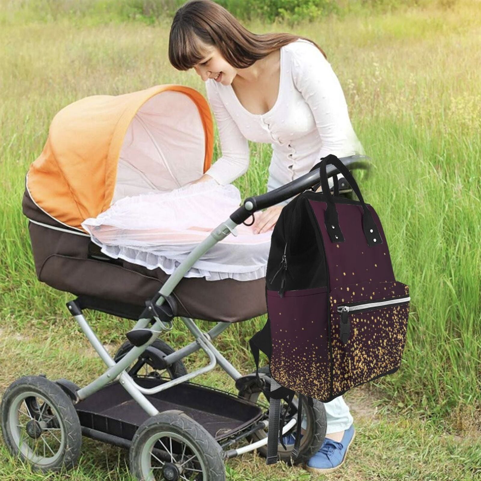 Fuzoiu Gold stars luxury sparkling Print Diaper Bag Backpack,Baby Essentials Travel Tote,Multi function Waterproof Diaper Bag, Travel Essentials Baby Bag - Unisex