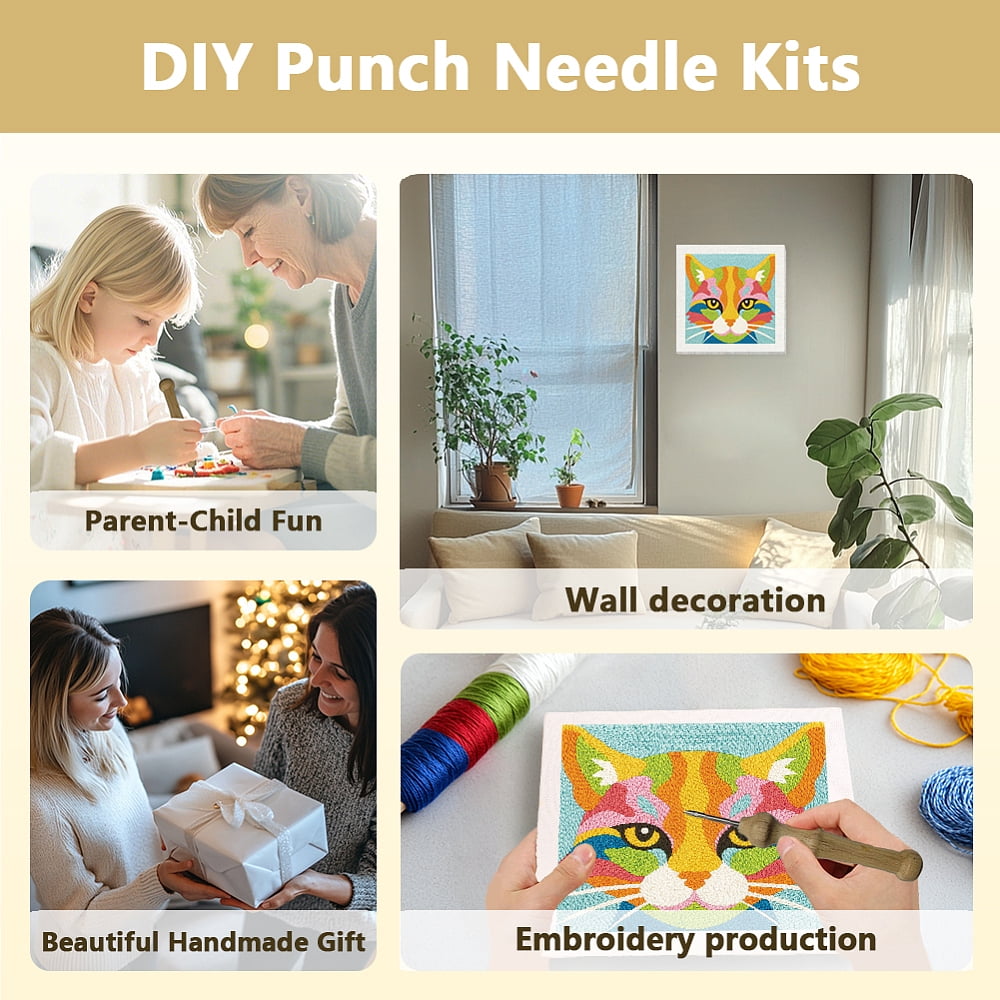Polyester Cotton Punch Needle 4Folded Yarns Embroidery Kits Included Threader Cotton Thread Punch Needle Thread Clip 3.5MM Wooden Needle Cat Shape DIY