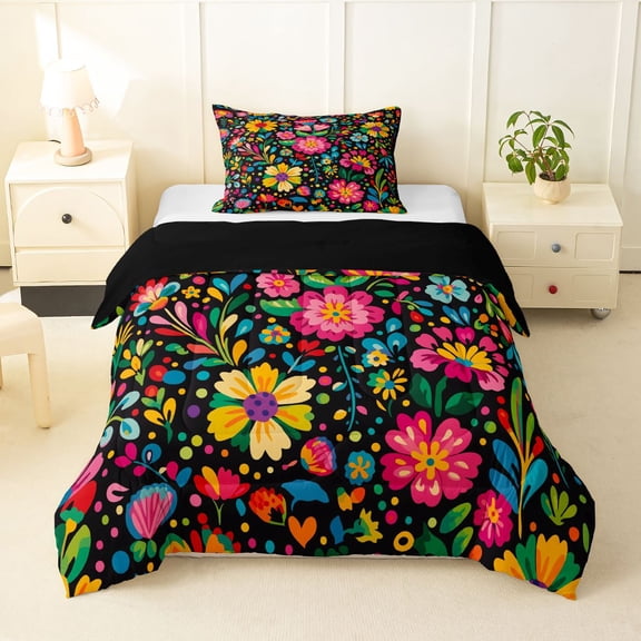 Homewish Boho Watercolor Floral Twin Comforter Sets,Peony Daisy Flower Bedding Set,Multicolor,Black Reversible,2-Piece,1 Comforter and 1 Pillowcase