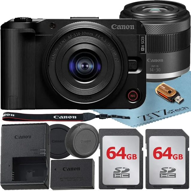 Canon EOS R50 V Appareil Photo Sans Miroir avec Objectif 14-30 mm + Lot de 2 Cartes Mémoire 64 Go + Ensemble d'Accessoires ZeeTech