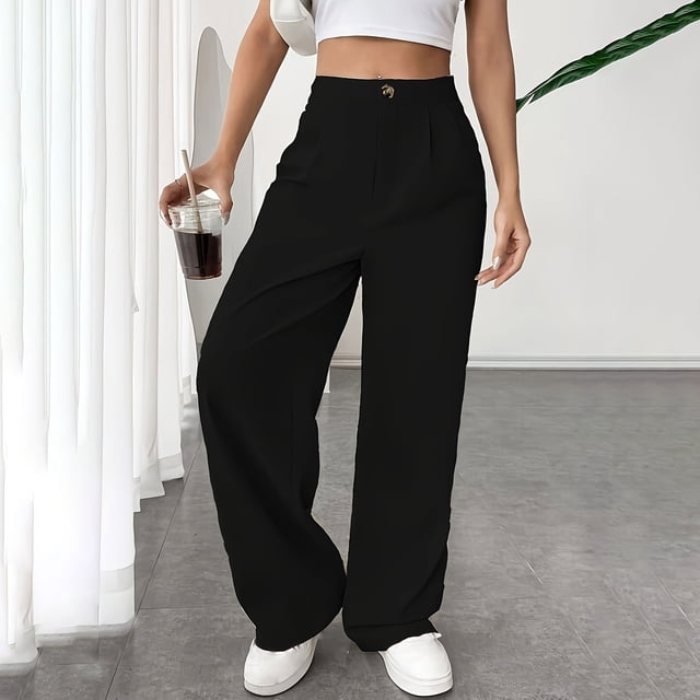 TIMIFIS Women's Suit Pants Straight Solid Wide Leg Long Pants Causal High Waisted Button Zipper Business Work Trousers