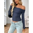 thumbnail image 3 of Womens Long Sleeve Off Shoulder Shirts Tight Fitted Y2K Ruched Tee Tops Blouses 2025 Trendy Outfits Navy Blue XL, 3 of 7