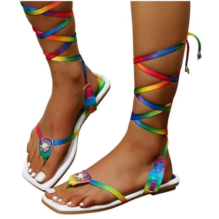 

YanHoo Clearance Lace Up Women Girls Sandals - Open Toe Wrap Ankle Strap Flat Slide Sandals - Comfortable Slip On Thong Strappy Spring Summer Shoes.