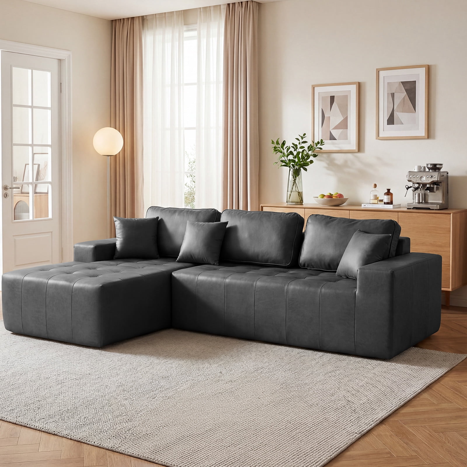 Howcool Boneless Cloud Sectional Sofa with Chaise,Faux Leather L-Shaped Couch,Deep Seat Modular Sofa with Wide Armrests,No Assembly Required,Left-Facing,Black Gray