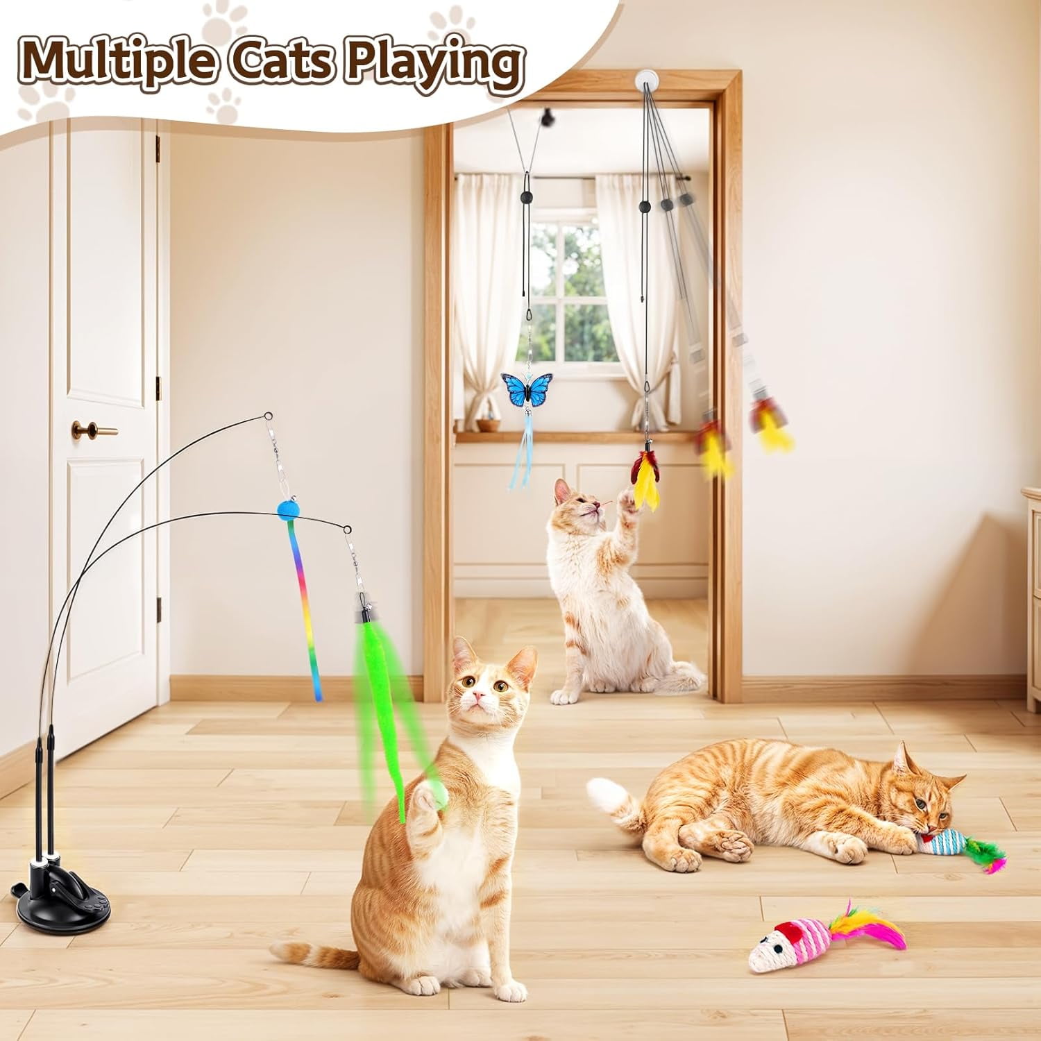 Cat Toys for Indoor Cats, 14Pcs 4 in 1 Cat Interactive Toys, Hanging Door Kitten Wand with Suction Cup Removable Feathers Balls Mice Butterfly Streamers