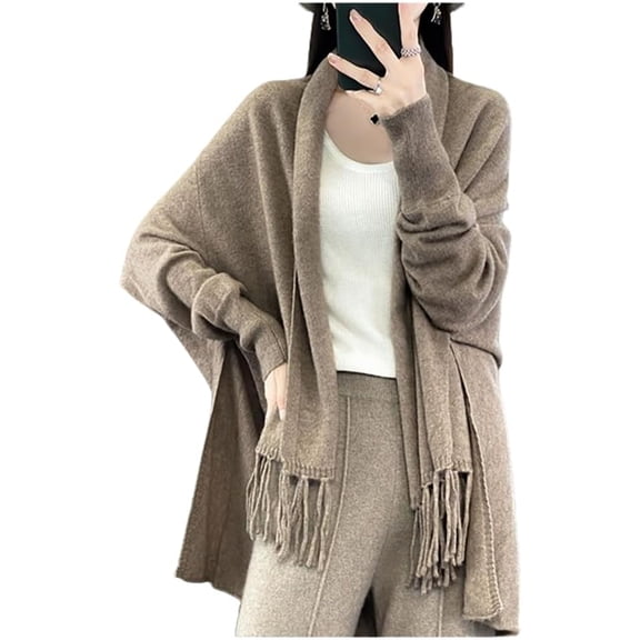 CoCoMangos Women Knit Pashmina Shawl Wrap Open Front Batwing Long Sleeve Cardigan Sweaters with Tassel Winter Warm Chunky Cape