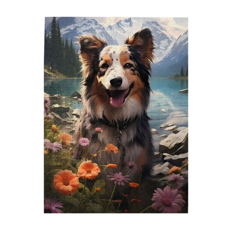 500-Piece Wooden Jigsaw Puzzle for Adults - Dog Mountains Lake Flowers Interlocking Pieces with Guide Letters Holiday Gift & Home Decor