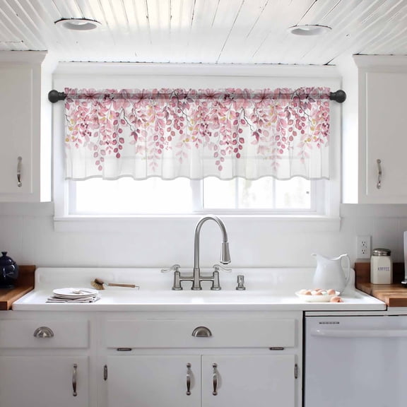 Pink Eucalyptus Leaves Valance Curtains for Kitchen/Living Room/Bathroom/Bedroom Window, Summer Botanical Watercolor Rod Pocket Small Topper Half Short Window Curtains Voile Sheer Scarf 42"x18"