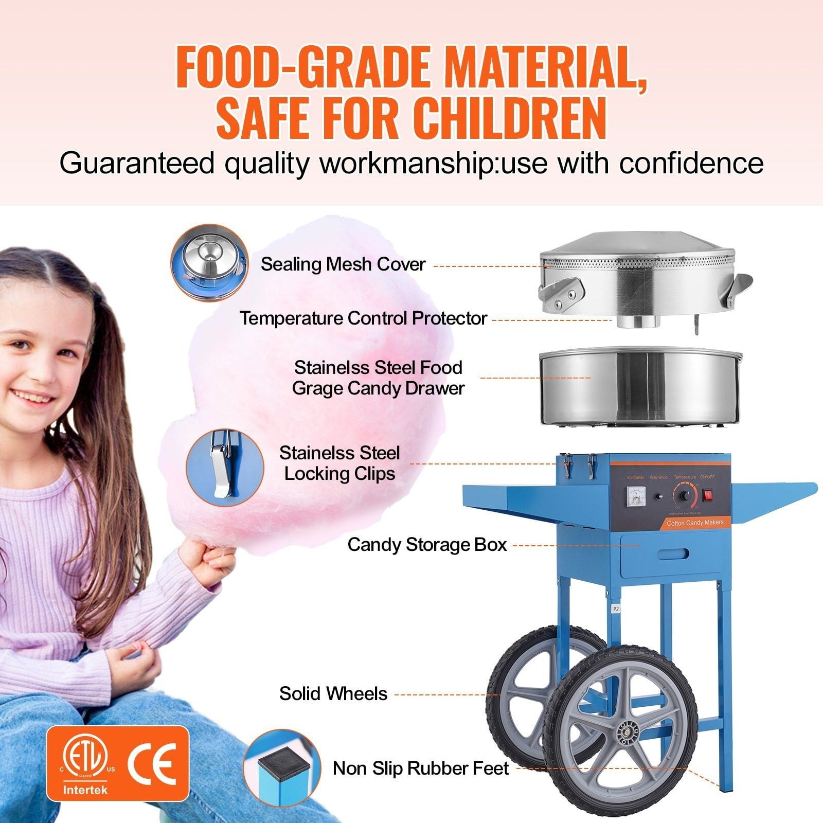 Cotton Candy Machine Commercial, 1000W Electric Candy Floss Maker with Cart, Stainless Steel Bowl, Sugar Scoop, Blue - for Parties & Events