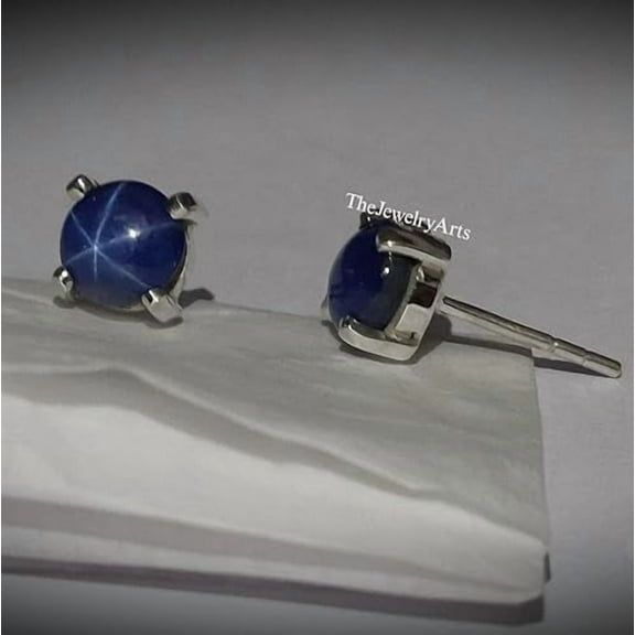 Round Star Sapphire Earrings 925 Sterling Silver Blue Star Gemstones Elegant Bridal Earring Classic Stud Timeless Design Special Occasions Gift for Women Black Vermeil 5mm