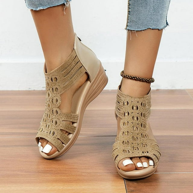 Zapatos de verano para mujer Sandalias planas informales con boca de pez ahuecadas y tacones de cuña con cremallera para mujer Wmkox8yii nm9851