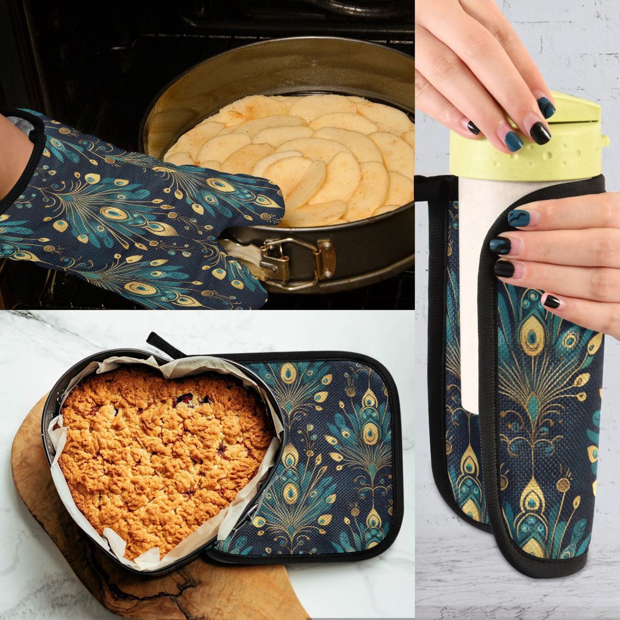 Yayeee Oven Mitts and Pot Holder Set of 4 Heat Resistant Kitchen Gloves Baking Hot Pad, Gold Peacock Pattern