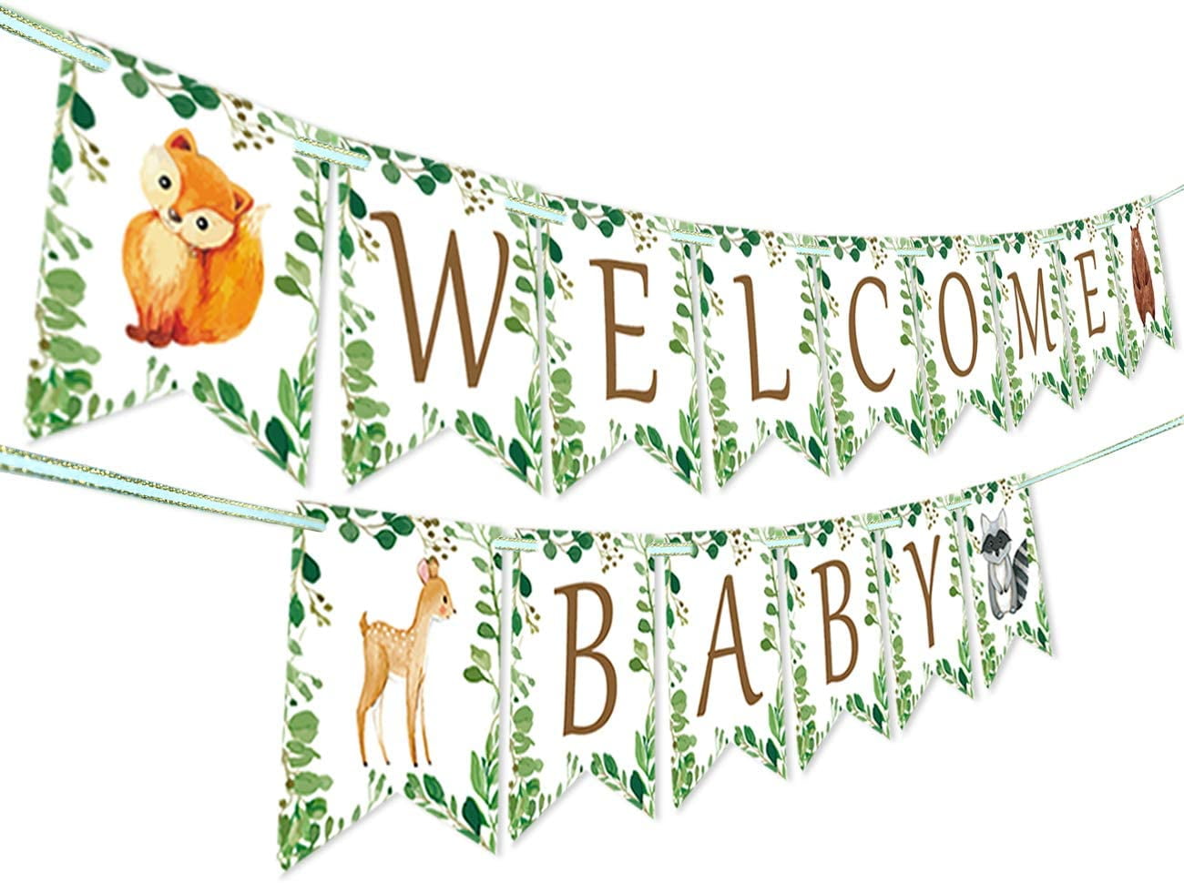 Woodland Welcome Baby Banner - Forest Animal Creatures Bunting Banner Garland Green Leaf Edge for Woodland Baby Shower Gender Neutral Decorations