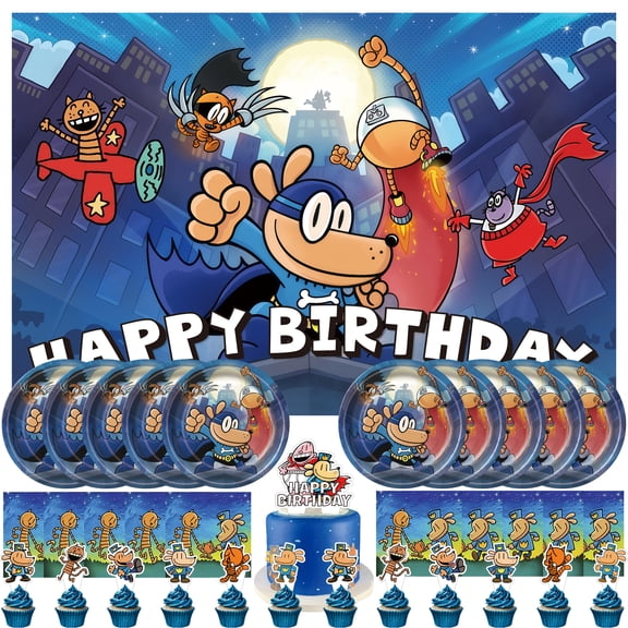 34 Piece For Dogs Man Cartoon Themed Celebration Birthday Decor Set – Includes Backdrop, Cake Topper, 12 Cupcake Toppers, 10 Paper Plates, and 10 Napkins for Party Favors and Events