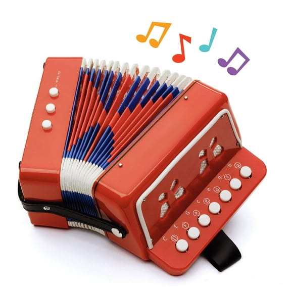 Hey! Play! Kids Accordion for Beginners - Accordion Toy with 10 Key Buttons, Musical Instrument for Kids (Red)