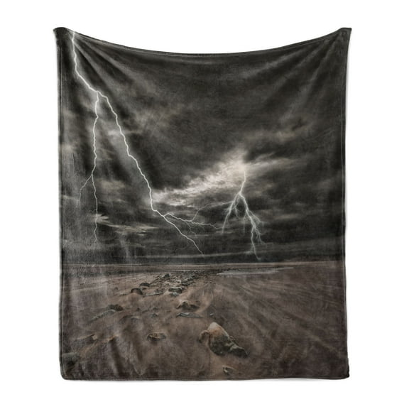 Nature Soft Flannel Fleece Blanket, Thunder Bolts Across the Sandy Beach from a Powerful Storm Radiant Beams Print, Cozy Plush for Indoor and Outdoor Use, 60" x 80", Brown and Grey, by Ambesonne