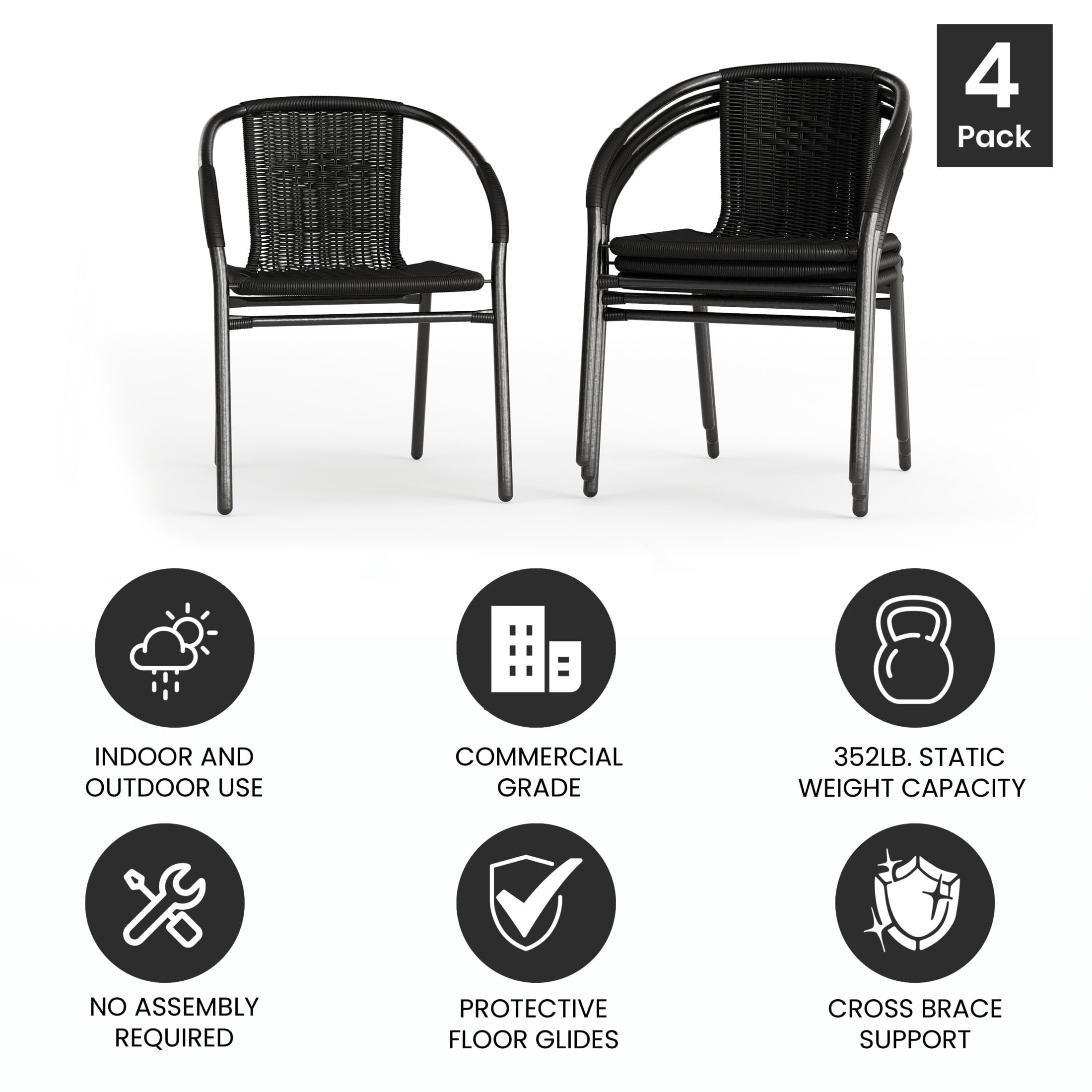 Emma + Oliver 4 Pack Black Rattan Indoor-Outdoor Restaurant Stack Chair with Curved Back