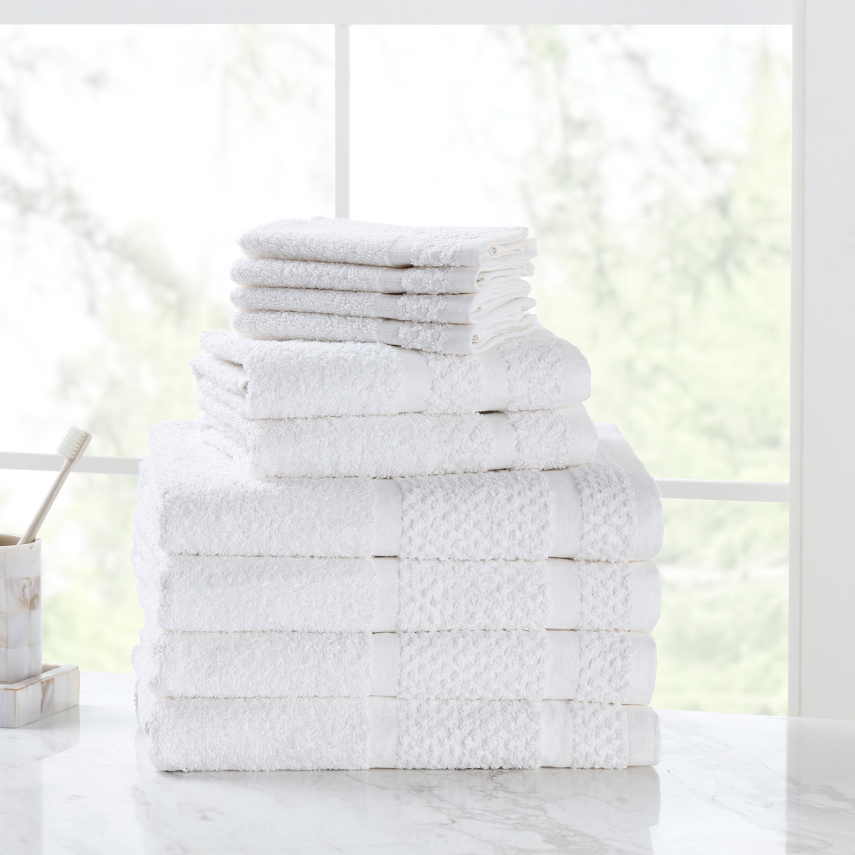 Mainstays Casual 10 Piece Solid Dyed Cotton Bath Towel Set, White