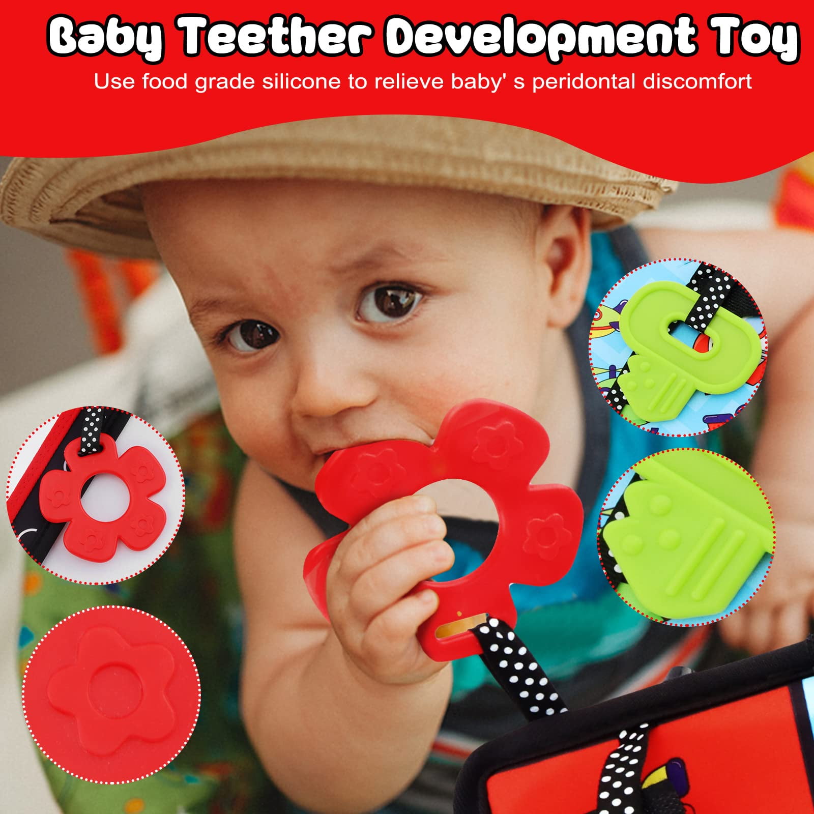 Tummy Time Floor Mirror with Teethers, Double-Sided Baby Mirror Black and White High Contrast Baby Toys for Babies, Baby Montessori Toys Crawling Developmental Newborn Infant Sensory Toys