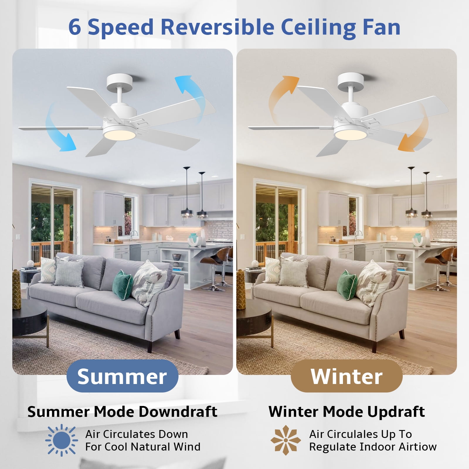 52 inch Ceiling Fans with Lights, 10 Double-sided Blades, Indoor Outdoor Smart Ceiling Fan with Alexa/App/Remote Control, 6 Speed Quiet Reversible DC Motor, 3CCT Dimmable