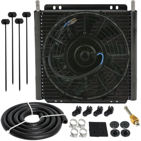 26 Row 6AN 3/8 Inch Hose Inlet Transmission Oil Cooler 12 Volt Electric Fan Kit