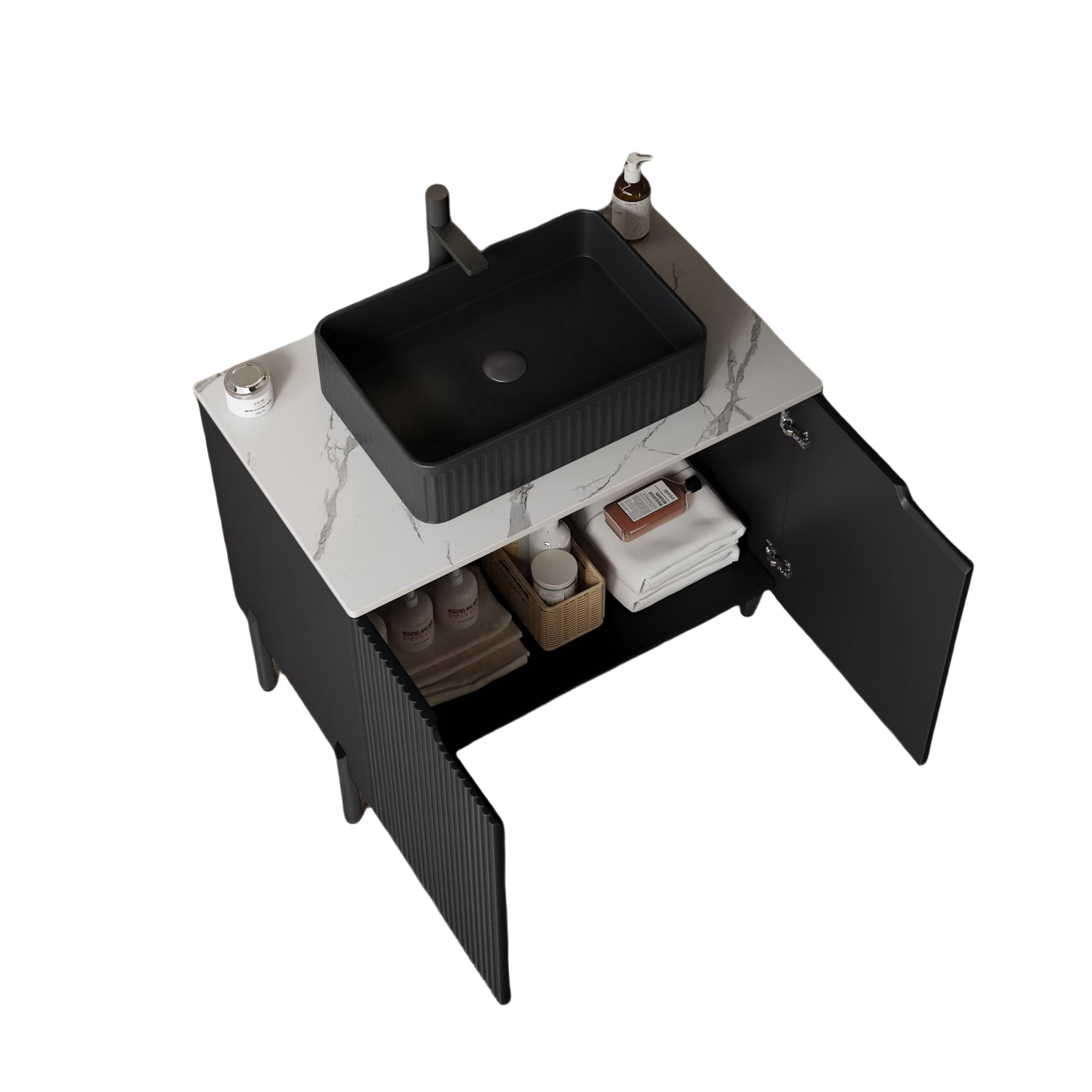 Noble House TURIO 30" Bathroom Vanity with Sintered Stone Countertop, Storage Cabinet, Black Rectangle Basin, Black