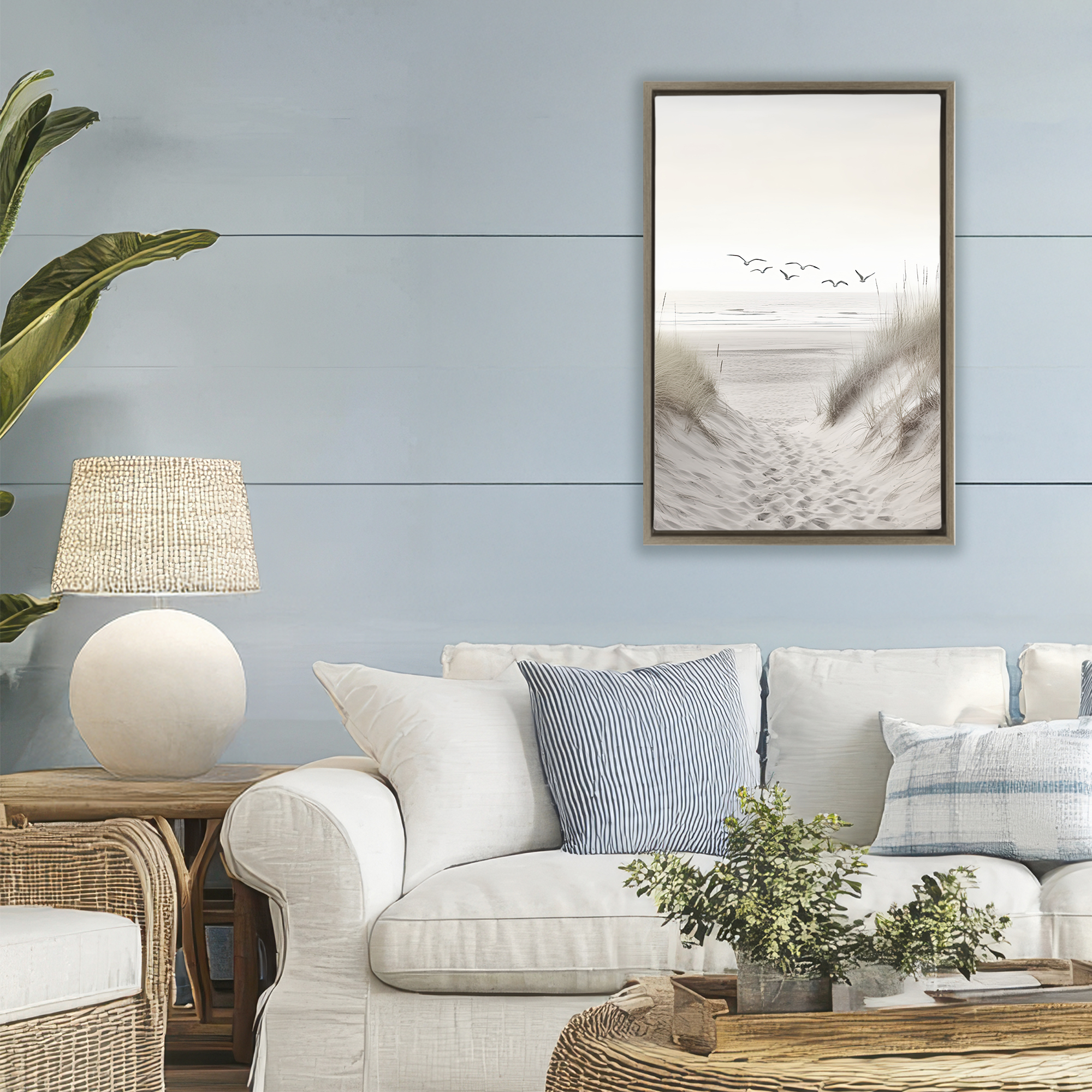 Seagulls over Sandy Footprints Brown Framed Floater Canvas Wall Art, design by Decent Exposures