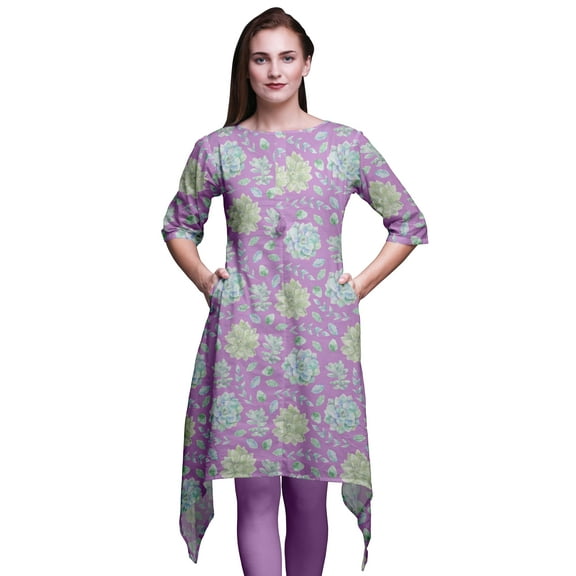 Bimba Purple Leaves & Flower Floral Asymmetric Kurta Indian Tunic Tops For Women Printed Indian Clothing XXX-Large