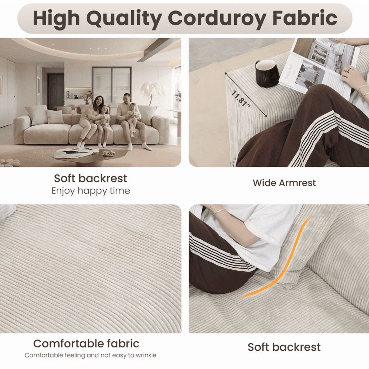 Magic Home Convertible Sectional Sofa Modular Couch,Modern Corduroy Sofa with Pillows for Living Room,Apartment and Small Space,3-Seat Sofa,Beige Sofa