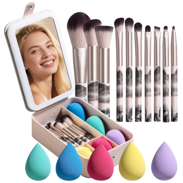 Set de brochas de maquillaje BS-MALL, tamaño grande, con espejo LED, 15 unidades, con funda