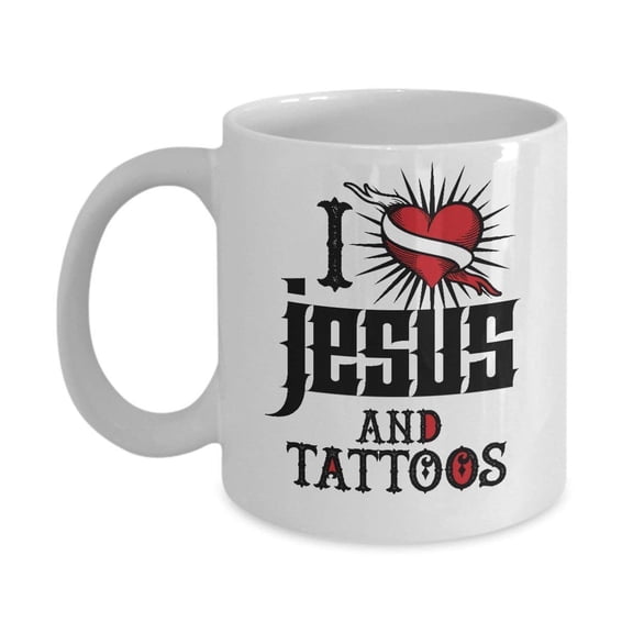 I Love Jesus and Tattoos Coffee & Tea Gift Mug, Funny & Cool Gifts for New Christian Mens and Womens