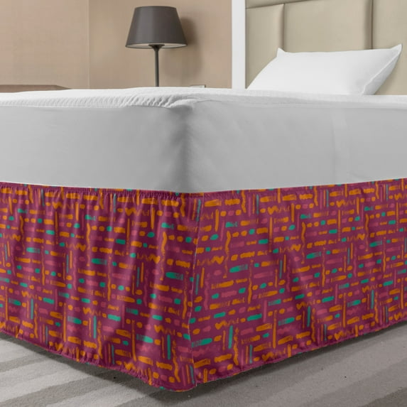 Abstract Bed Skirt, Image of Horizontal Dashed Brush Strokes and Vertical Curved Stripes, Elastic Bedskirt Dust Ruffle Wrap Around for Bedding Decor, 4 Sizes, Dark Magenta Multicolor, by Ambesonne