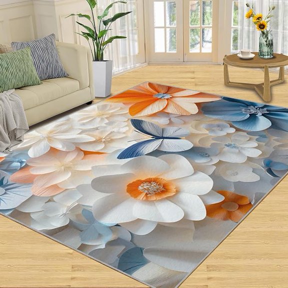 Flowers Rug - Modern Florals Rug, Geometric Floral Area Rugs, Washable & Non Slip & Soft Large Carpets Room Decor 2 x 3ft