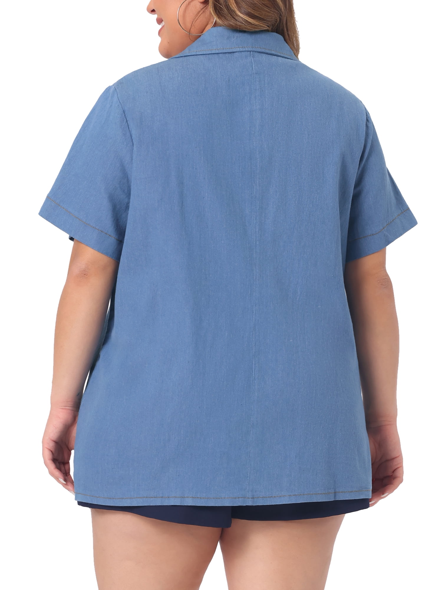 Unique Bargains Women Plus Size Denim Shirt Short Sleeve Button Down Chambray Shirts Sky Blue 4X