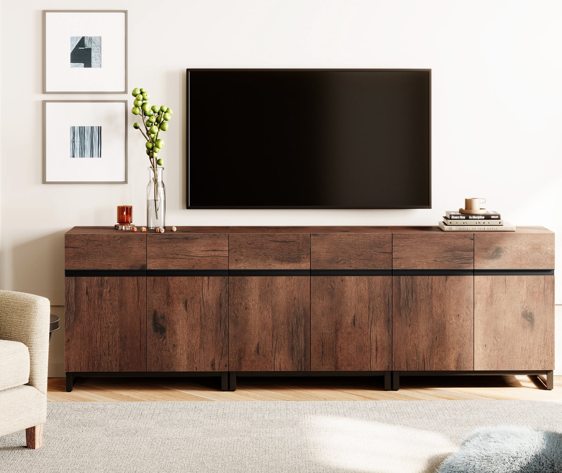 WAMPAT 94.5" TV Stand with Doors,Modern TV Stand for TVs up to 110 Inch,3 Packs Wood Entertainment Center with Adjustable Shelves & Metal Base.