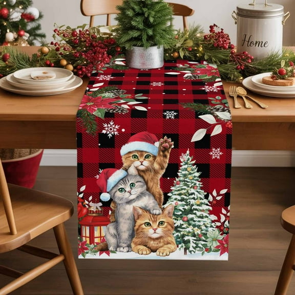 Christmas Cat Family Cotton Linen Table Runner Xmas Tree Snowflake Red Black Plaid Red Flowers Dining Table Runners for Home Decor Party Dining Room Restaurant Kitchen Party 13" x 120"