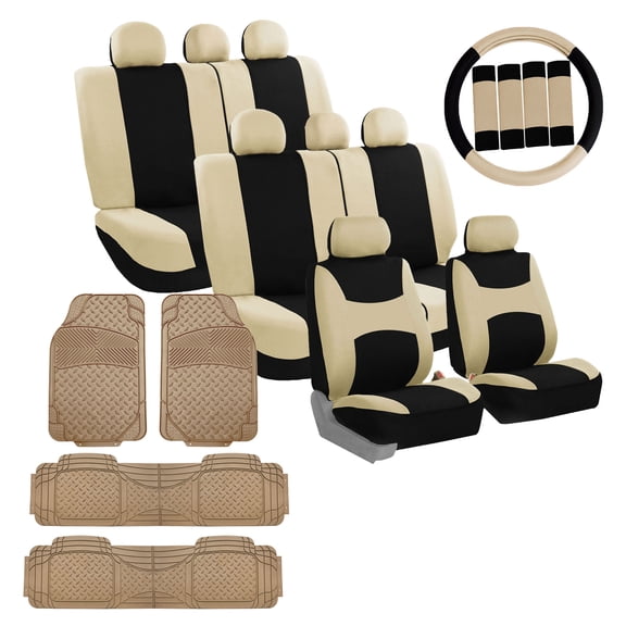 FH Group, 3 Row 8 Seater Beige Seat Covers Set w/ Steering / Belt Cover / Beige Floor Mats