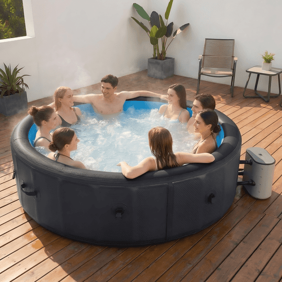 Altrenxs Inflatable Hot Tub, Round Outdoor Spa 82.5", 6-8 Person Portable Spa with 154 Air Jets, 104°F Heating, Durable PVC, Filter Cartridges, Black