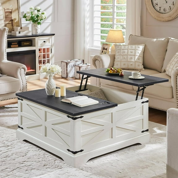IFMUST Farmhouse Square Lift Top Coffee Table with Storage, Wood Center Table for Living Room, White
