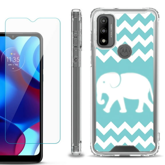 Shockproof Bumper Phone Case for Motorola Moto G Pure, with Tempered Glass Screen Protector, by OneToughShield ® - Chevron/Elephant