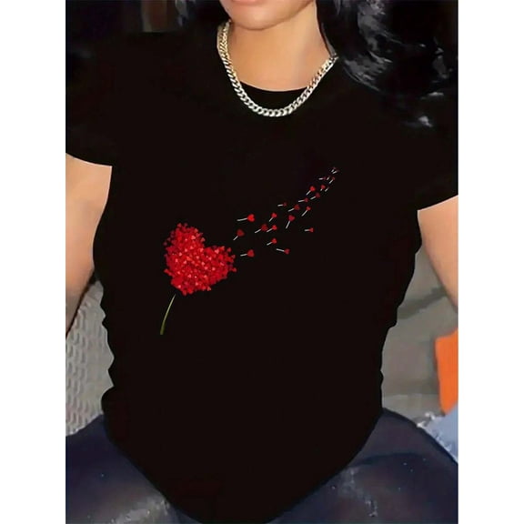 【New Arrival】Heart Shaped Dandelion Graphic T-Shirt, Cotton Crew Neck Short Sleeve Tee, Romantic Casual Wear Valentine Lover Gift