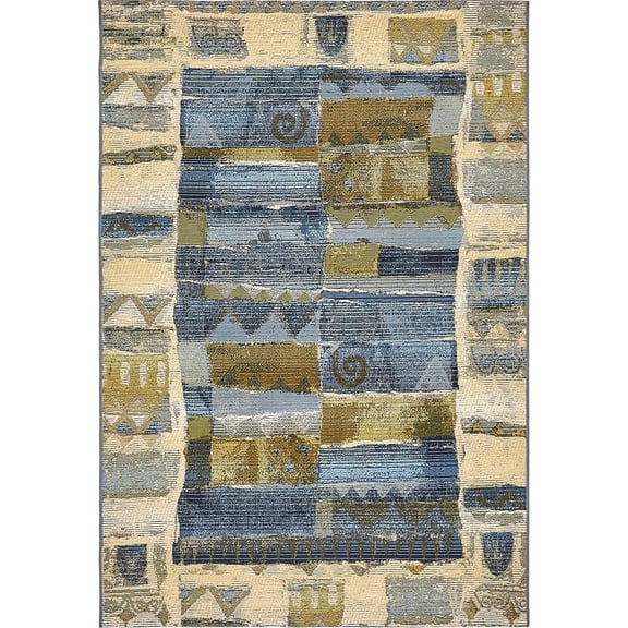 Unique Loom Glyph Indoor/Outdoor Modern Rug Blue/Beige 4' 1" x 6' 1" Rectangle Textured Geometric Modern Flatweave Perfect For Patio Deck Garage Entryway