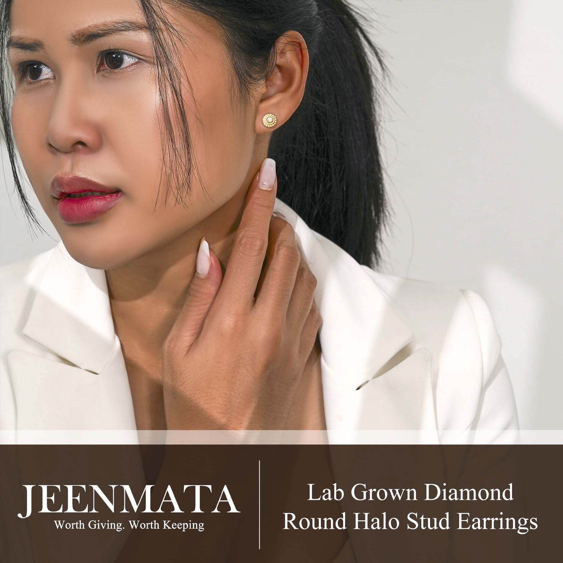 JeenMata Lab Grown Diamond Halo Stud Earrings - Round Cut Stud Earrings for Women in Yellow Gold Plating