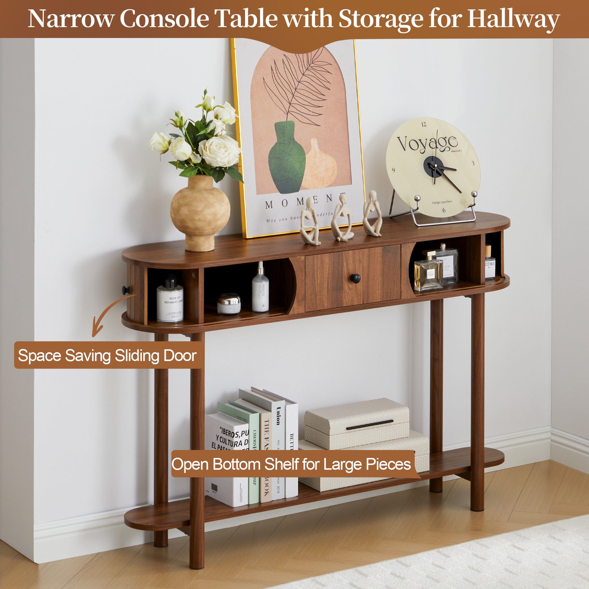 LEFHDA 47.2" Fluted Console Table with Drawers & Tambour Door, Narrow Entryway Sofa Table with Storage for Hallway, Living Room Behind Couch - Rustic Brown