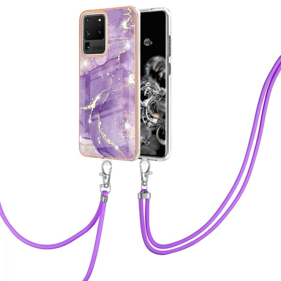 Galaxy S20 Ultra Case, Allytech Luxury Marble Pattern Rubber Flexible TPU Drop Protection Anti-scratch Lanyard Back Cover for Girls Women Case for Samsung Galaxy S20 Ultra, Purple