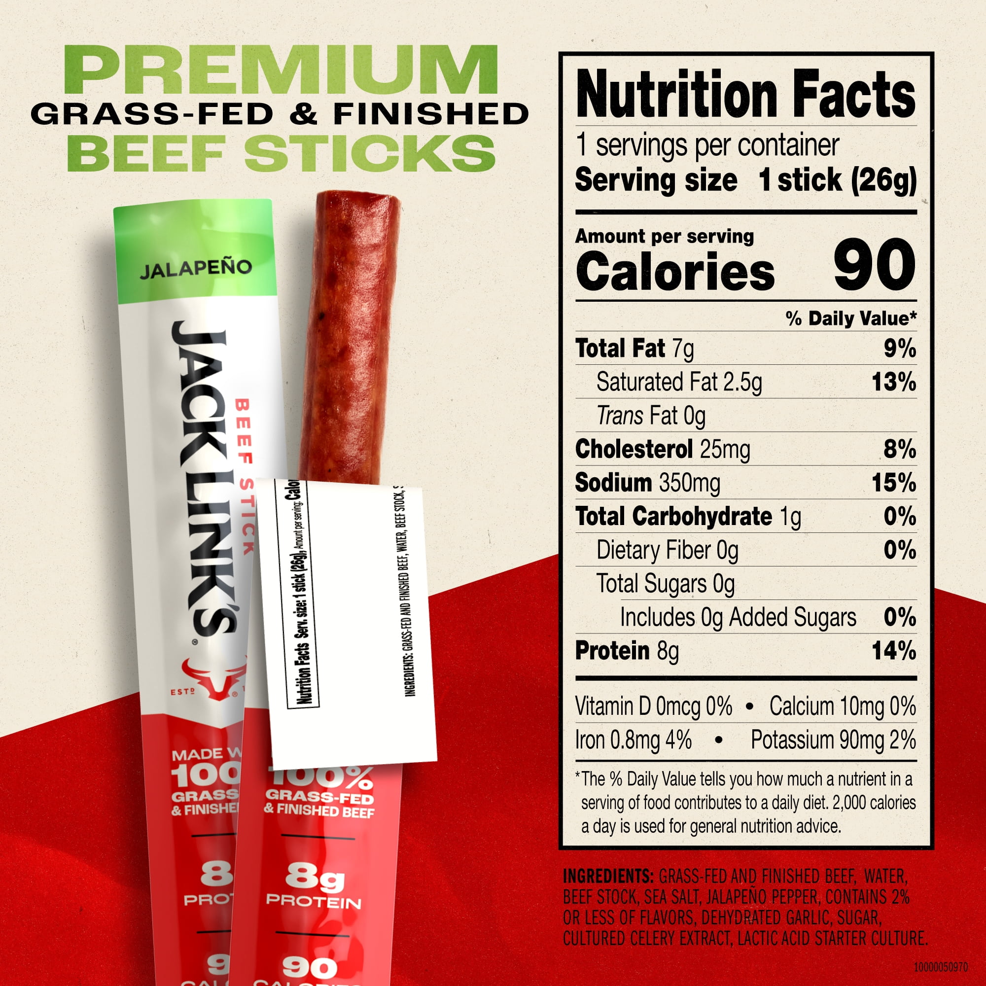 Jack Link’s Grass-Fed & Finished Jalapeño Beef Sticks, .92 Ounce Stick